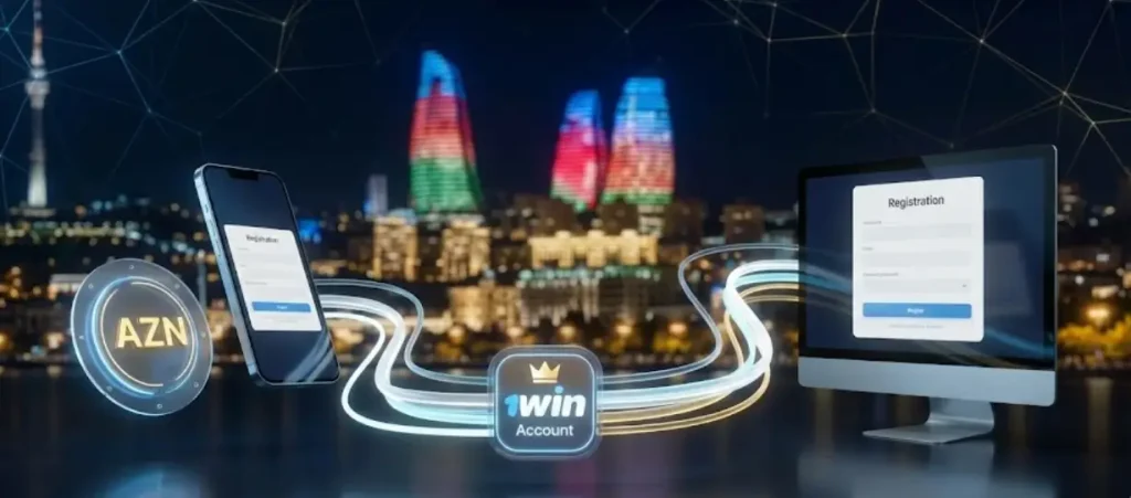 1win qeydiyyat pəncərəsi və Azərbaycan istifadəçiləri üçün AZN valyuta seçiminin vacibliyini göstərən interfeys