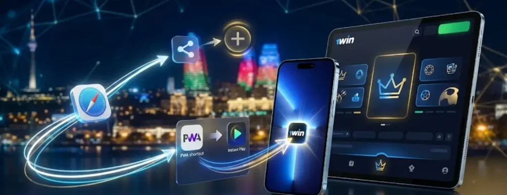 iOS cihazları üçün 1win PWA tətbiqinin Safari brauzeri vasitəsilə əsas ekrana əlavə edilməsi prosesi